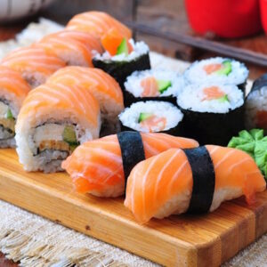 Nigiri Nook Tray: Assortment of pristine seafood delicacies atop seasoned sushi rice. (For 10 People)