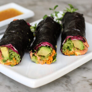 California Roll Tray: Avocado, cucumber, crab, and flying fish roe wrapped in a nori roll. (For 10 People)