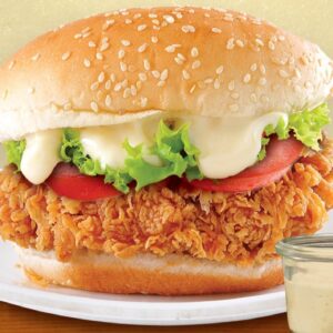 Fried Chicken Burger Lunch Box: Crispy fried chicken fillet with lettuce, tomato, and zesty mayo.