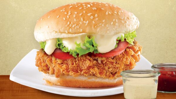 Fried Chicken Burger Lunch Box: Crispy fried chicken fillet with lettuce, tomato, and zesty mayo.