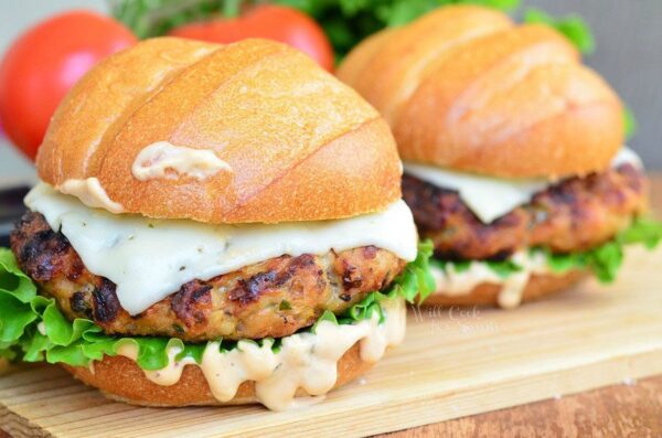 Grilled Chicken Burger Lunch Box: Juicy grilled chicken breast, lettuce, tomato, and our signature sauce