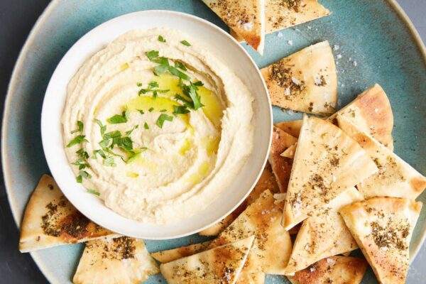 Plate of Creamy Hummus and Fresh Pita (Feeds 5)