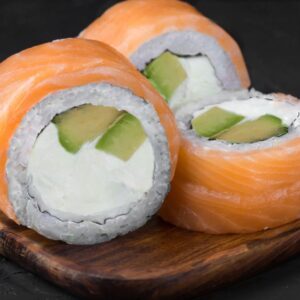 Philadelphia Roll Tray: Smoked salmon, cream cheese, cucumber, and avocado, all beautifully rolled. (For 5 People)