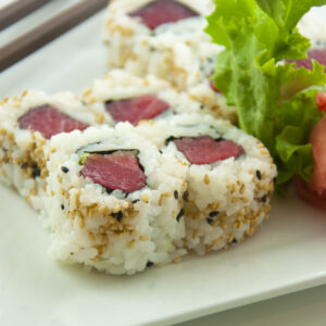 Spicy Tuna Roll Tray: A fusion of spicy tuna, cucumber, and creamy mayo, rolled in nori. (For 5 People)